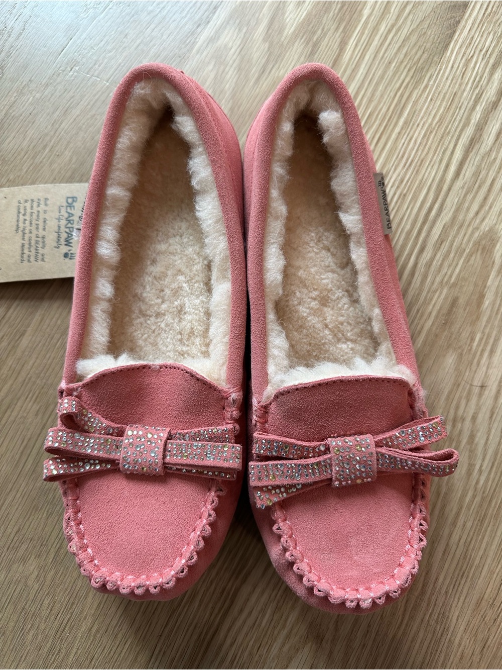 BearPaw Women’s Pink Suede Moccasin Slippers with Bow
